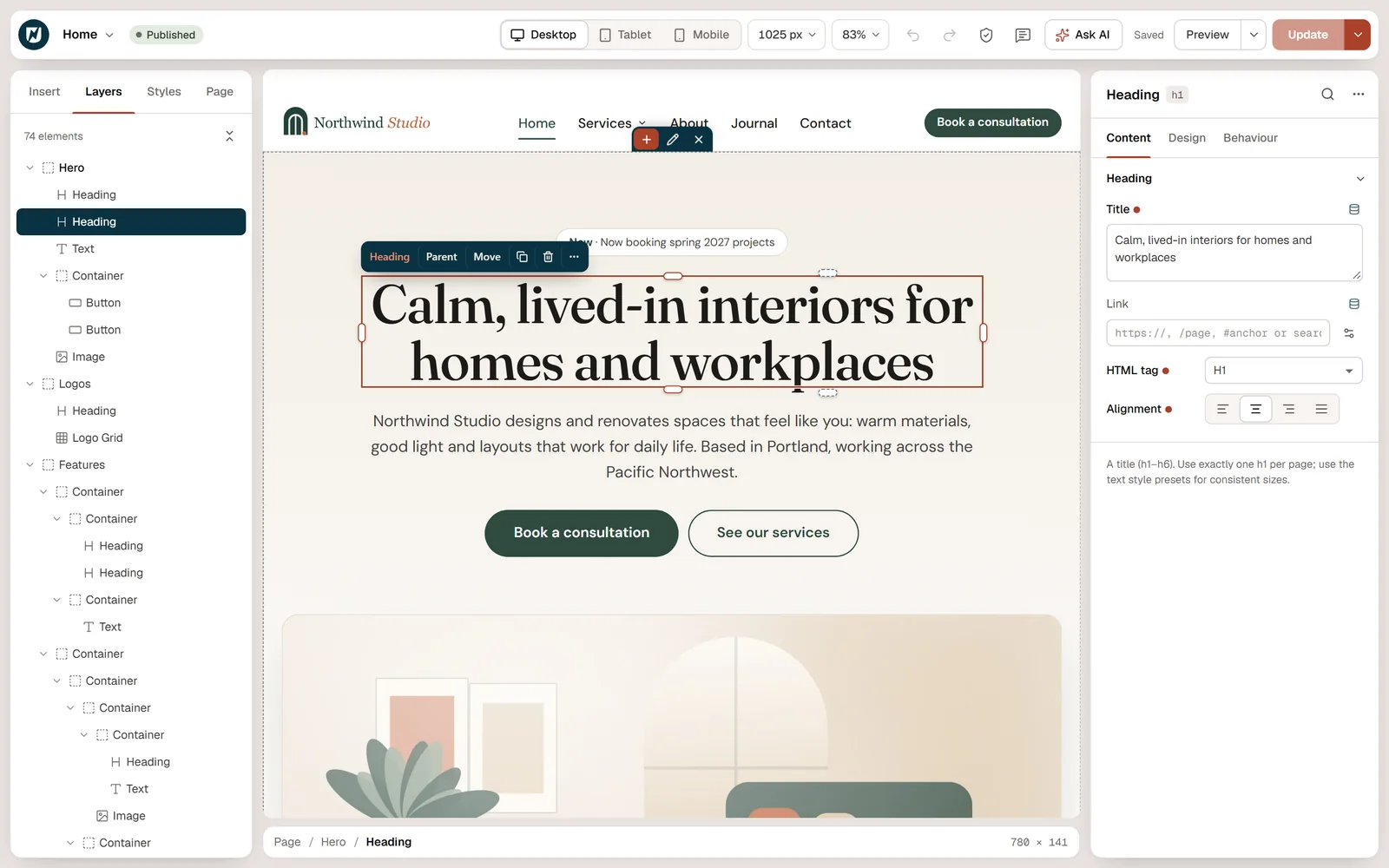 The Uncoder editor with the layers panel, the live canvas and the settings panel