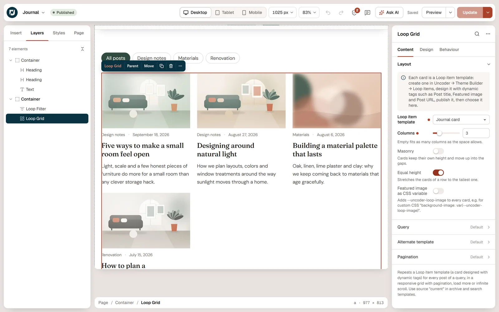 A loop grid of posts built with dynamic content