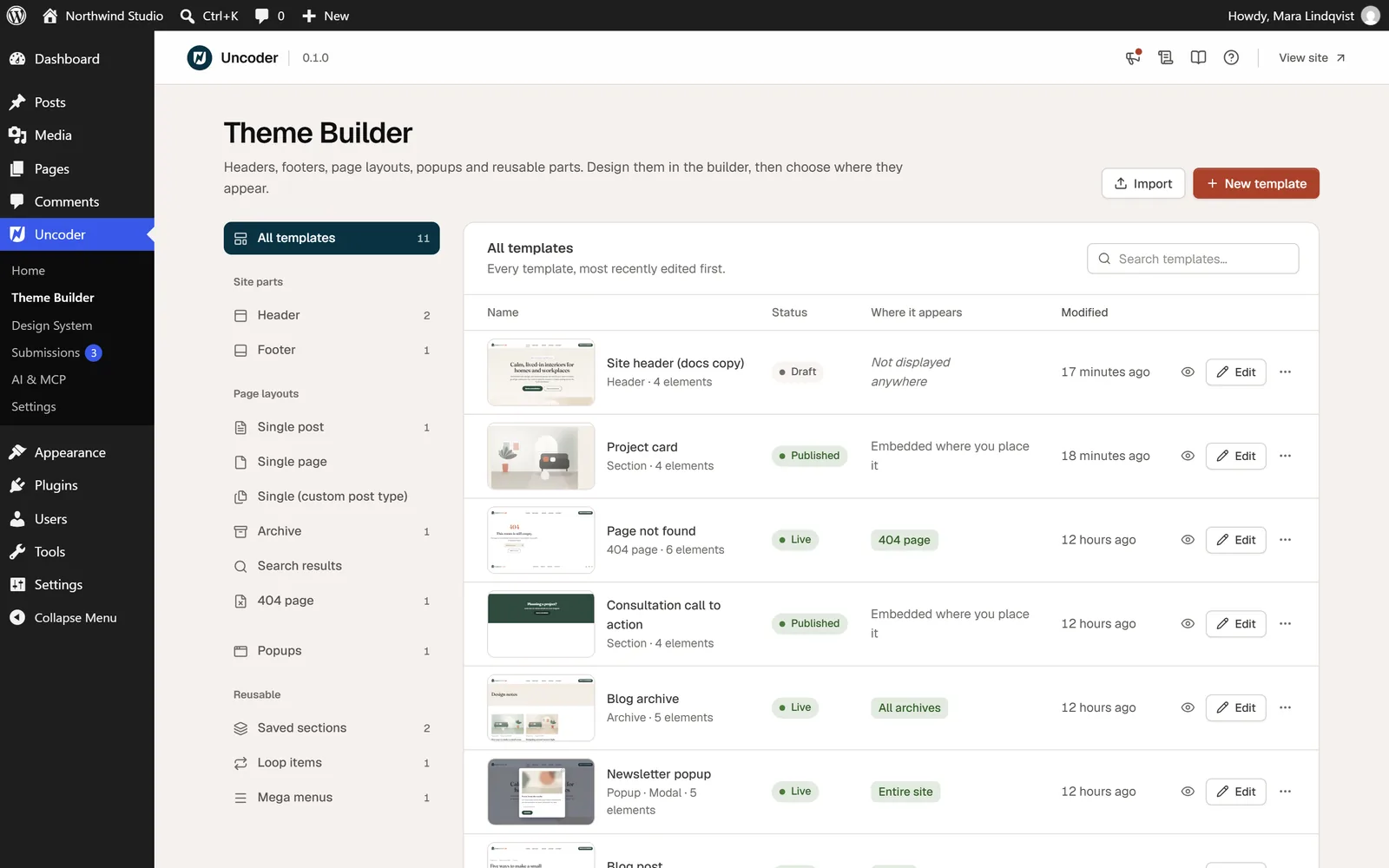 Uncoder Theme Builder with headers, footers, layouts and popups