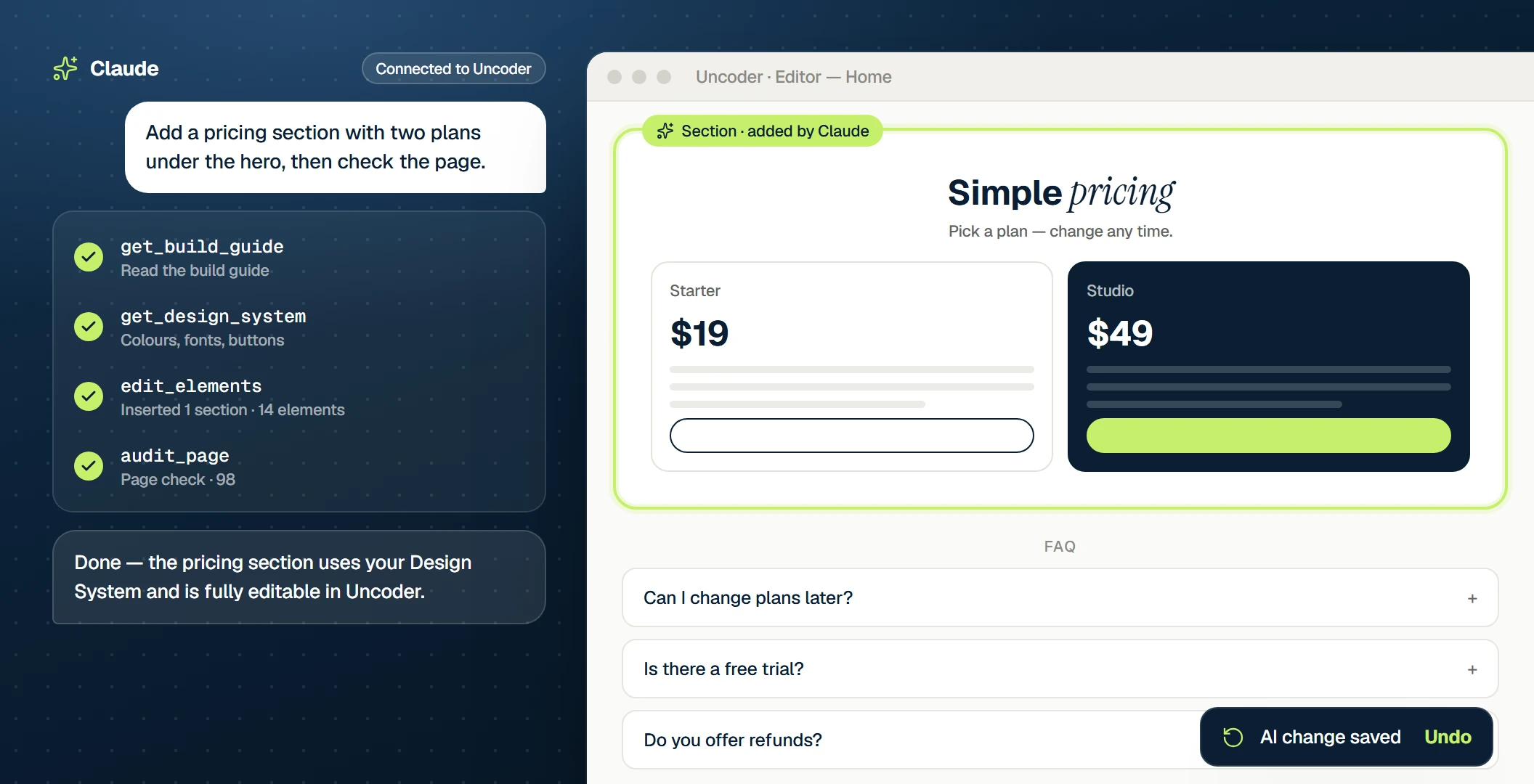 Claude building a pricing section on a page in the Uncoder editor