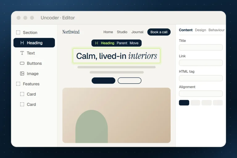Illustration of the Uncoder editor with a selected heading on the live canvas