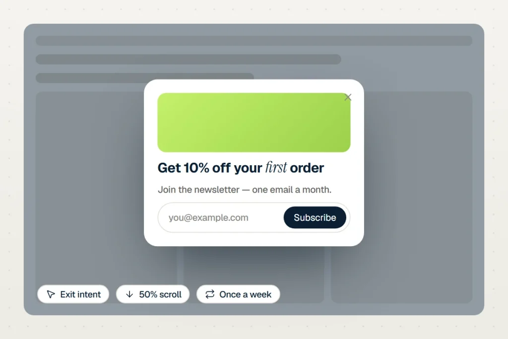Illustration of a newsletter popup with exit-intent and scroll triggers