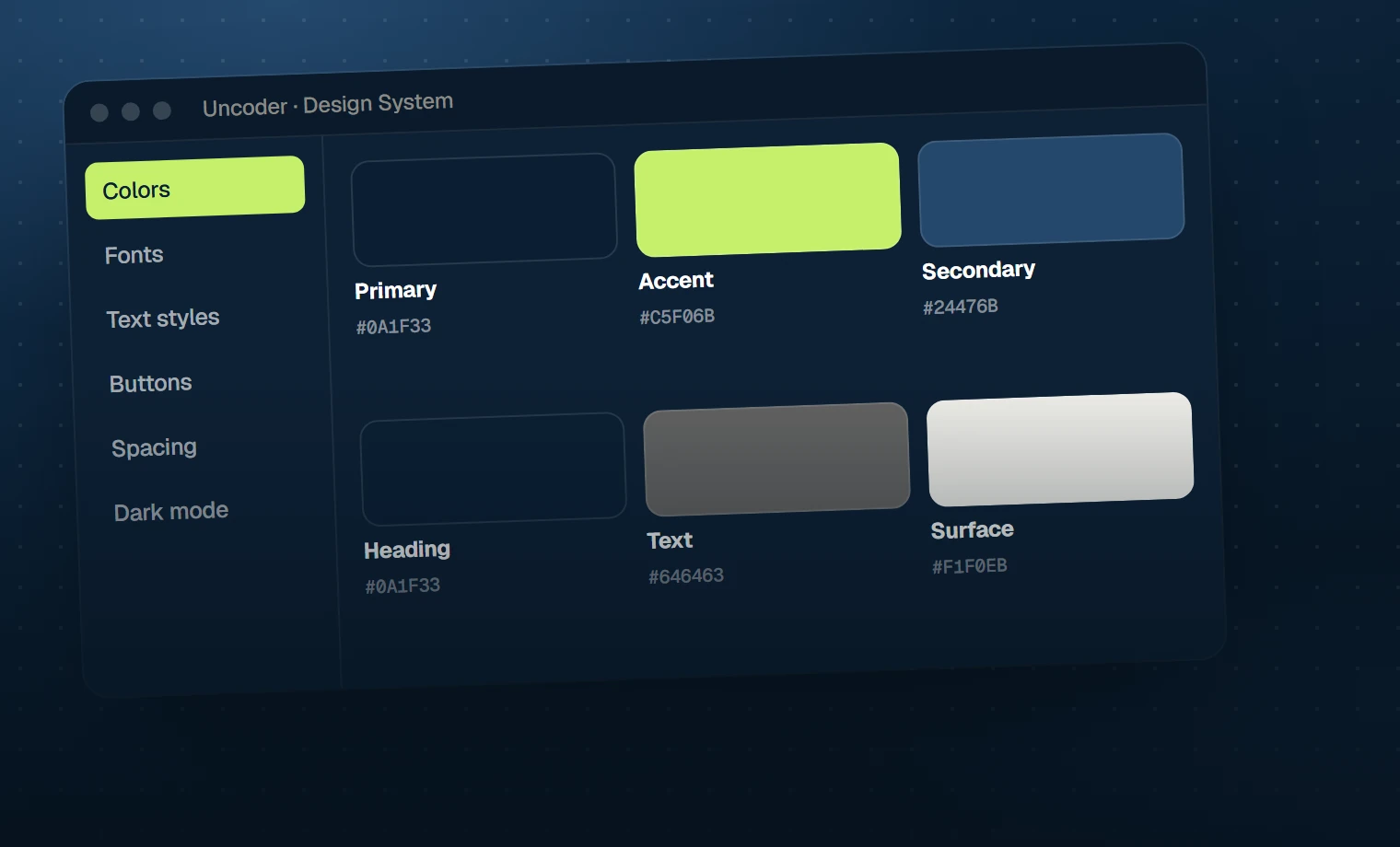 Illustration of the Uncoder Design System with named brand color swatches